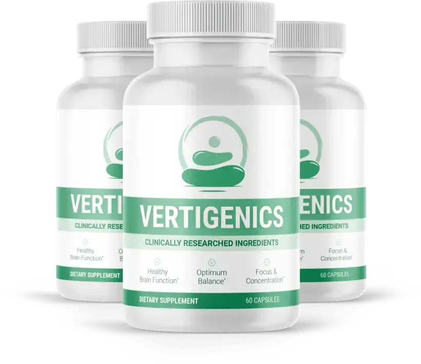 Three bottles of Vertigenics dietary supplement, promoting healthy brain function, focus, and concentration, with 30 capsules each.