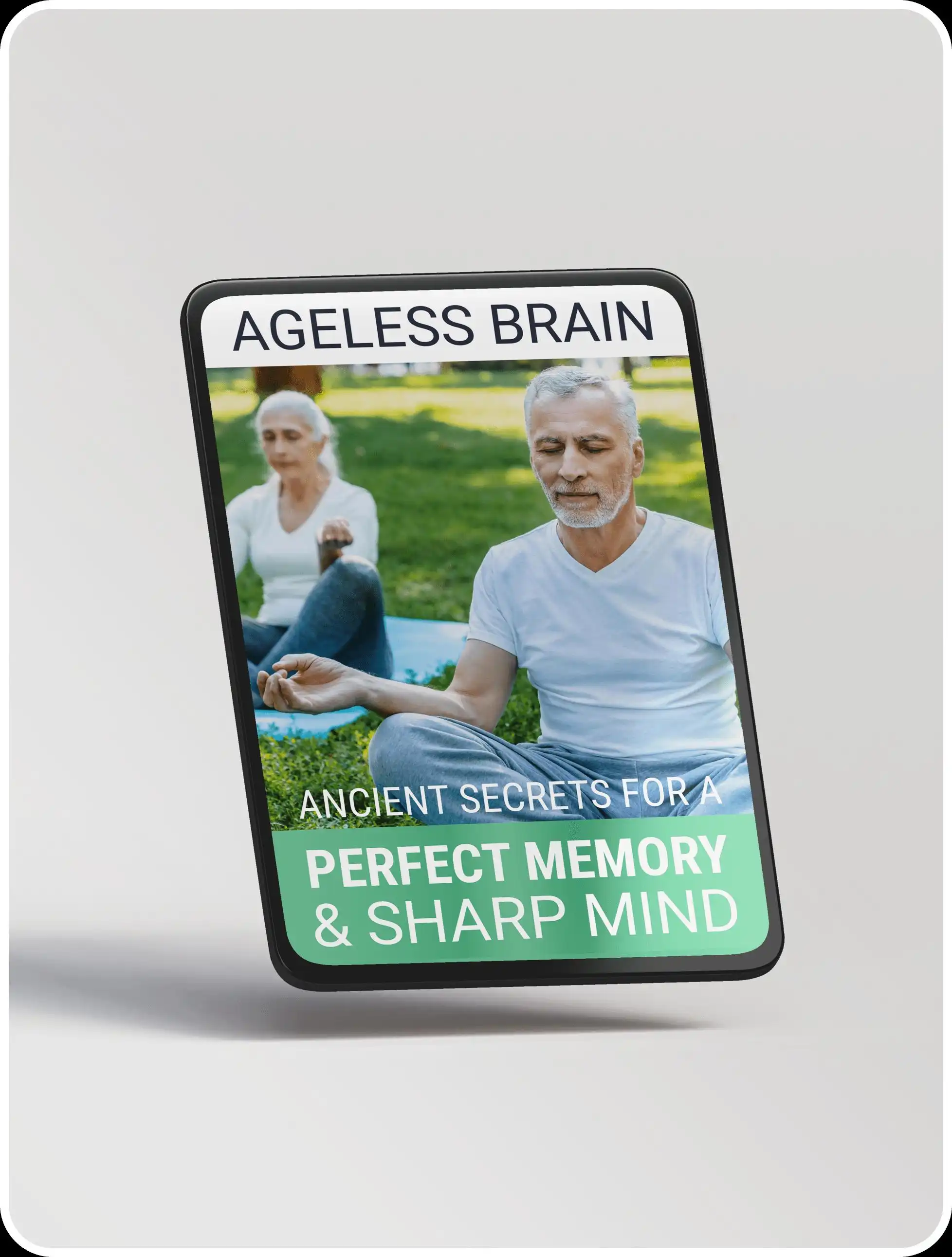 Book cover titled "Ageless Brain" featuring two people meditating outdoors, with text "Ancient Secrets for a Perfect Memory & Sharp Mind".