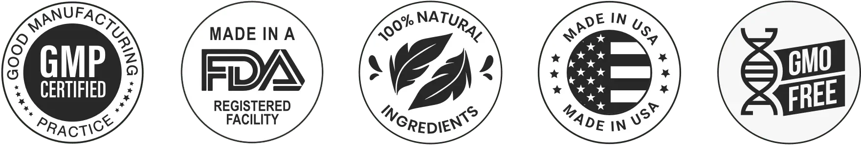 Five certification badges: GMP Certified, Manufactured in USA, Natural Ingredients, FDA Registered Facility, Made with Non-GMO Ingredients.