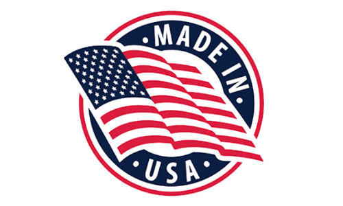 Circular badge featuring a waving American flag with the text 