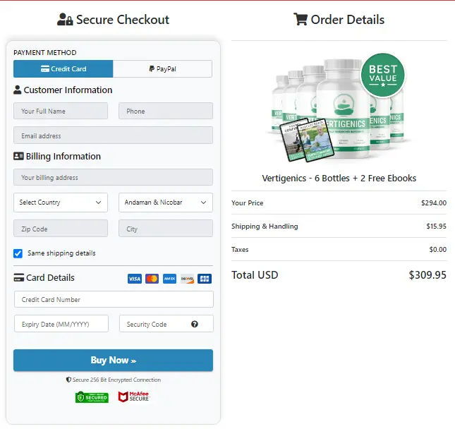 Screenshot of a secure online checkout page for Vertigenics, listing product details and payment options. Total price: $309.95.