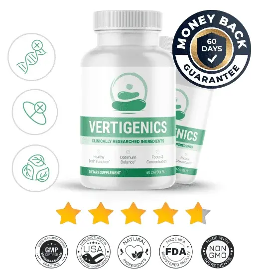 A bottle of Vertigenics dietary supplement, highlighting brain function and focus, with a 60-day money-back guarantee and 4.5-star rating.